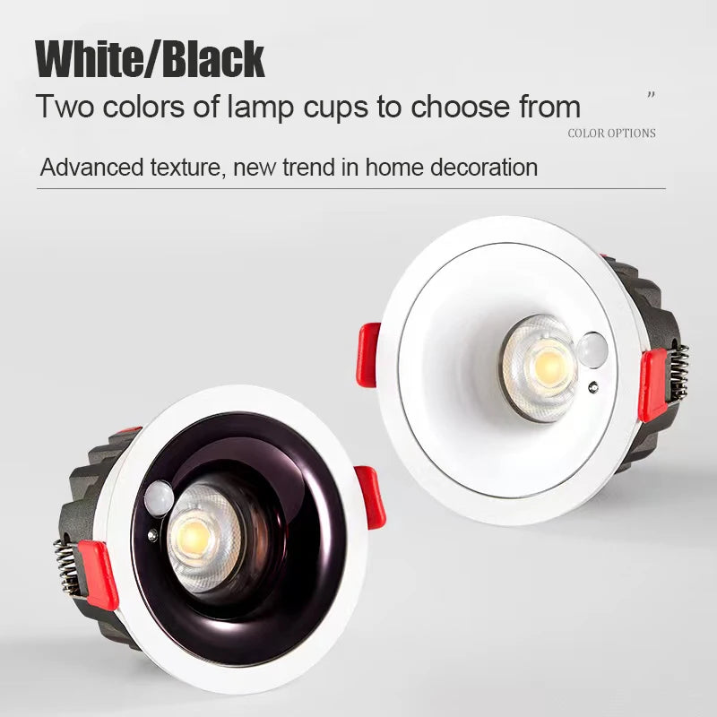 Spot lumineux intelligent anti reflet capteur mouvement 3000K 4000K 6000K blanc noir moderne minimaliste
