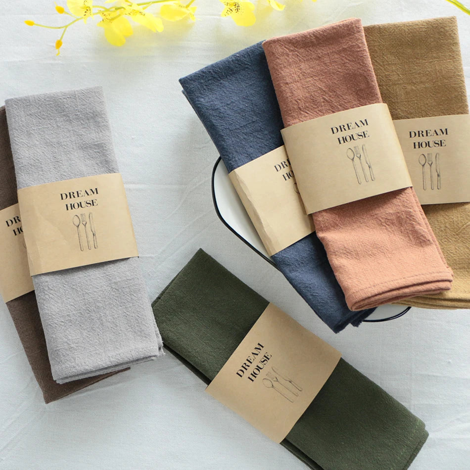 serviettes réutilisables modernes marron gris olive rose bleu marine texture rugueuse ruban bois coton