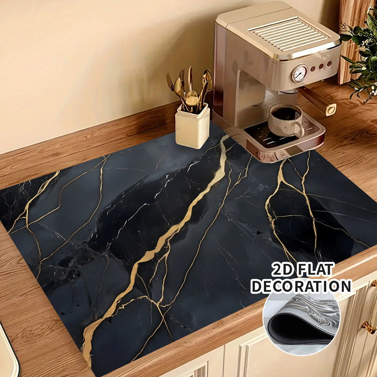 tapis plat résistant chaleur protège feu plaque moderne imitation marbre veines dorées antidérapant noir