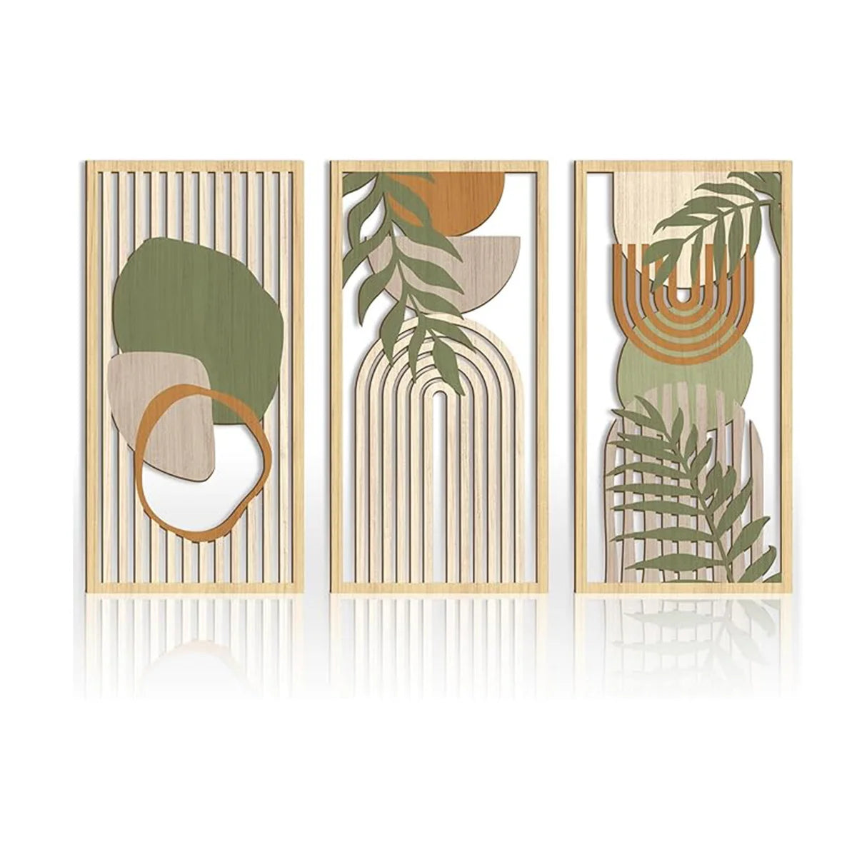 panneaux decoratifs murals bois forme geometrique abstraite boheme moderne vert olive beigeclair orange gris