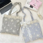 sac main chic gris clair rayures horizontales dentelle blanche poignées détachables polyester féminin