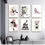 tableaux decoratifs mode feminins illustrations florales contemporains aquarelle talons hauts parfum livres
