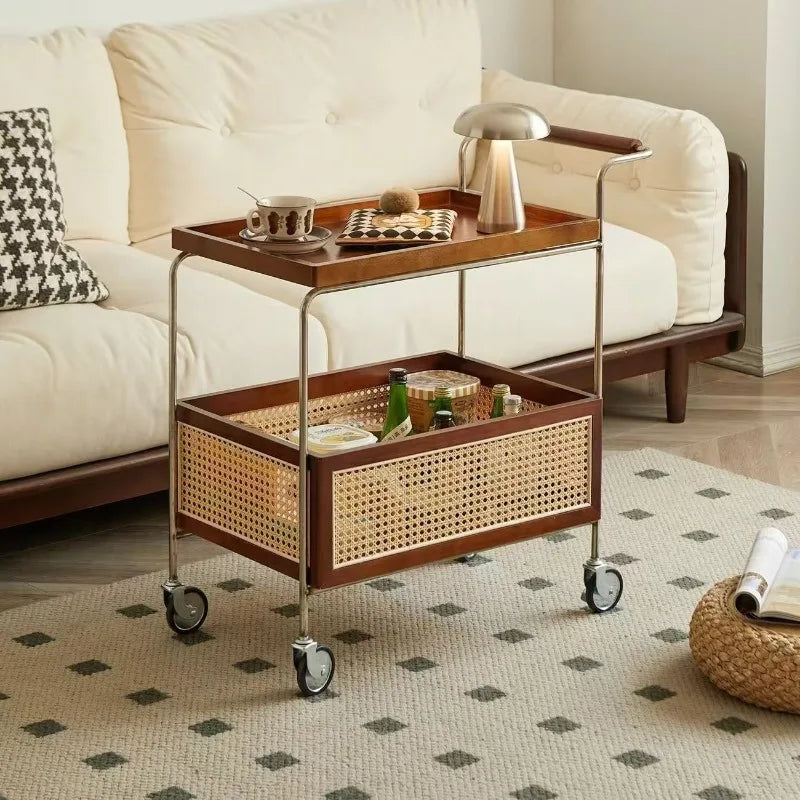 chariot roulettes marron clair chariot roulettes beige tissu cannage métal chromé moderne vintage roues