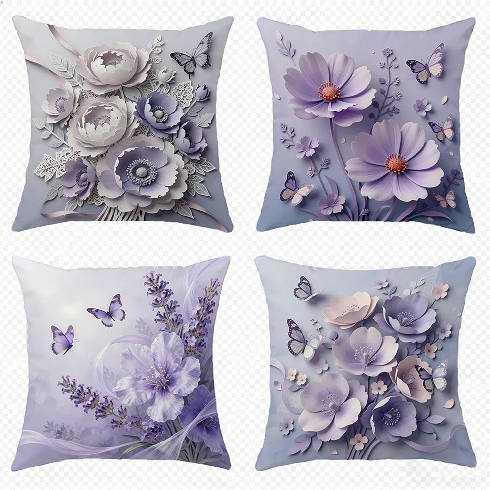 taies d'oreiller violet fleurs papillons moderne polyester 45x45cm zipper closure décoration chambre coucher maison