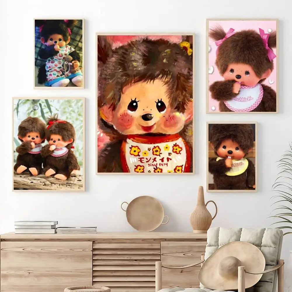 affiche moderne multicolore dessin animé mignon face foulard cadre bois salon chambre decoration retro
