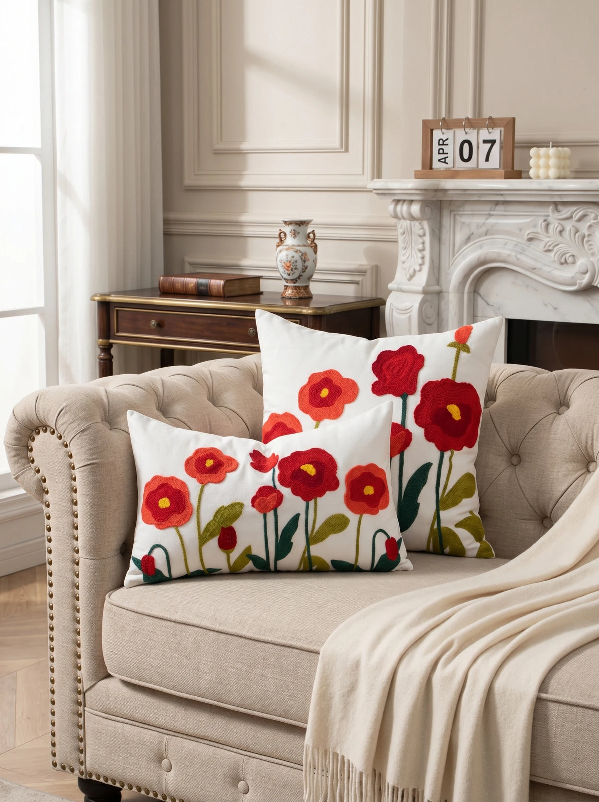 housse coussin brodée motif floral moderne blanc décoratif intérieur pièces polyester carré