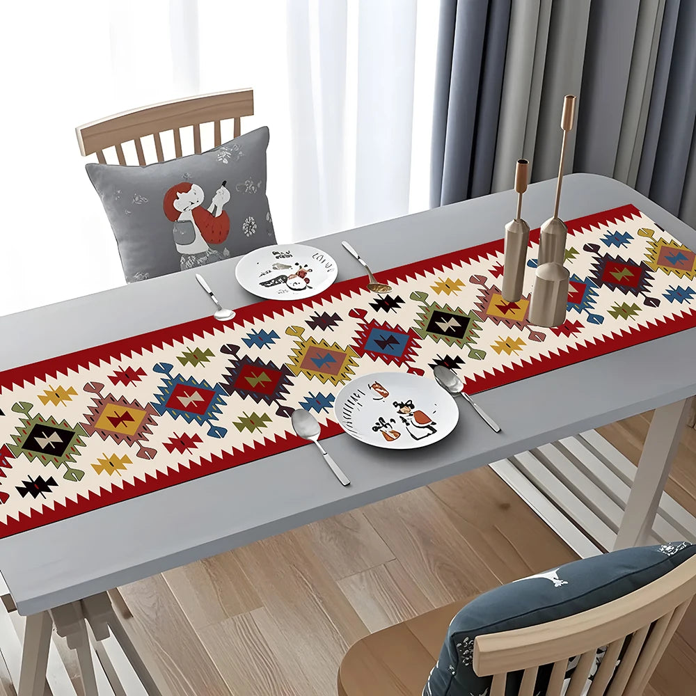 table table ethnique géométrique polyester rouge beige bleu vert triangles losanges festive traditionnelle