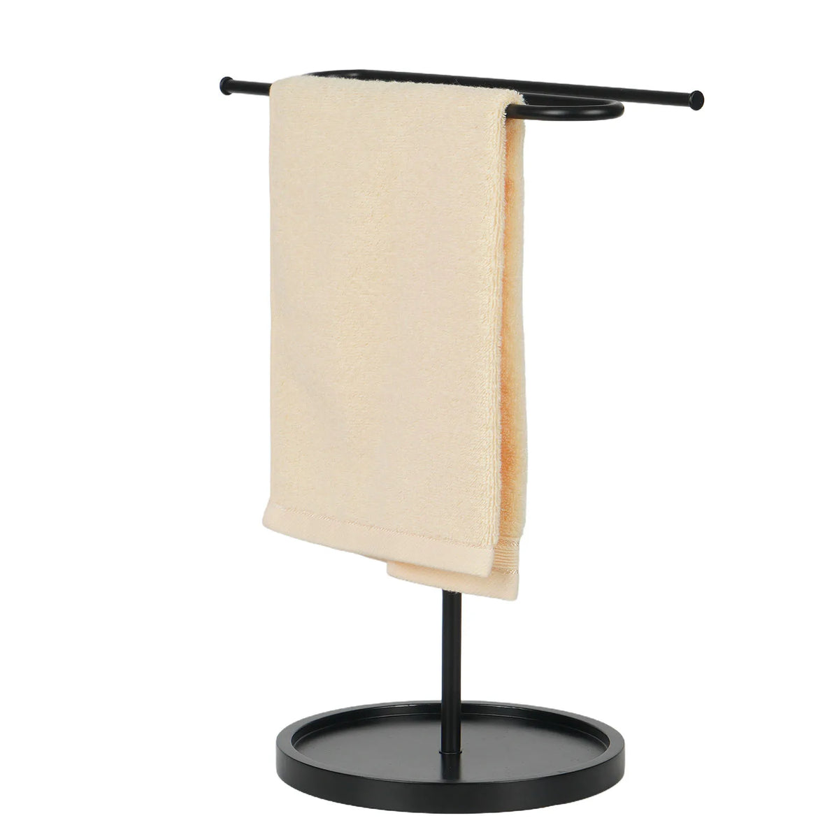 porte serviettes moderne noir mat serviette beige motif orange base circulaire salle bain acier