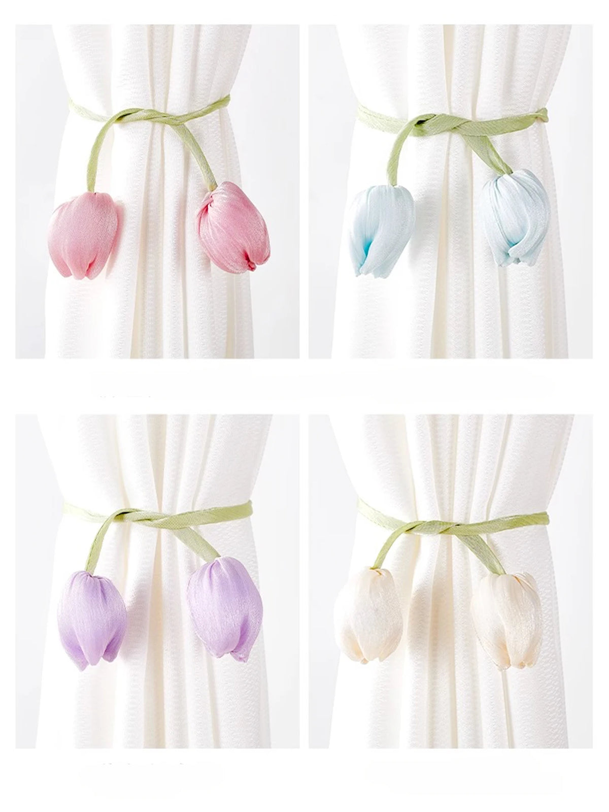 rubans fixation rideaux fleurs tulipes moderne vert clair rose pâle bleu violet décoratif