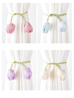 rubans fixation rideaux fleurs tulipes moderne vert clair rose pâle bleu violet décoratif
