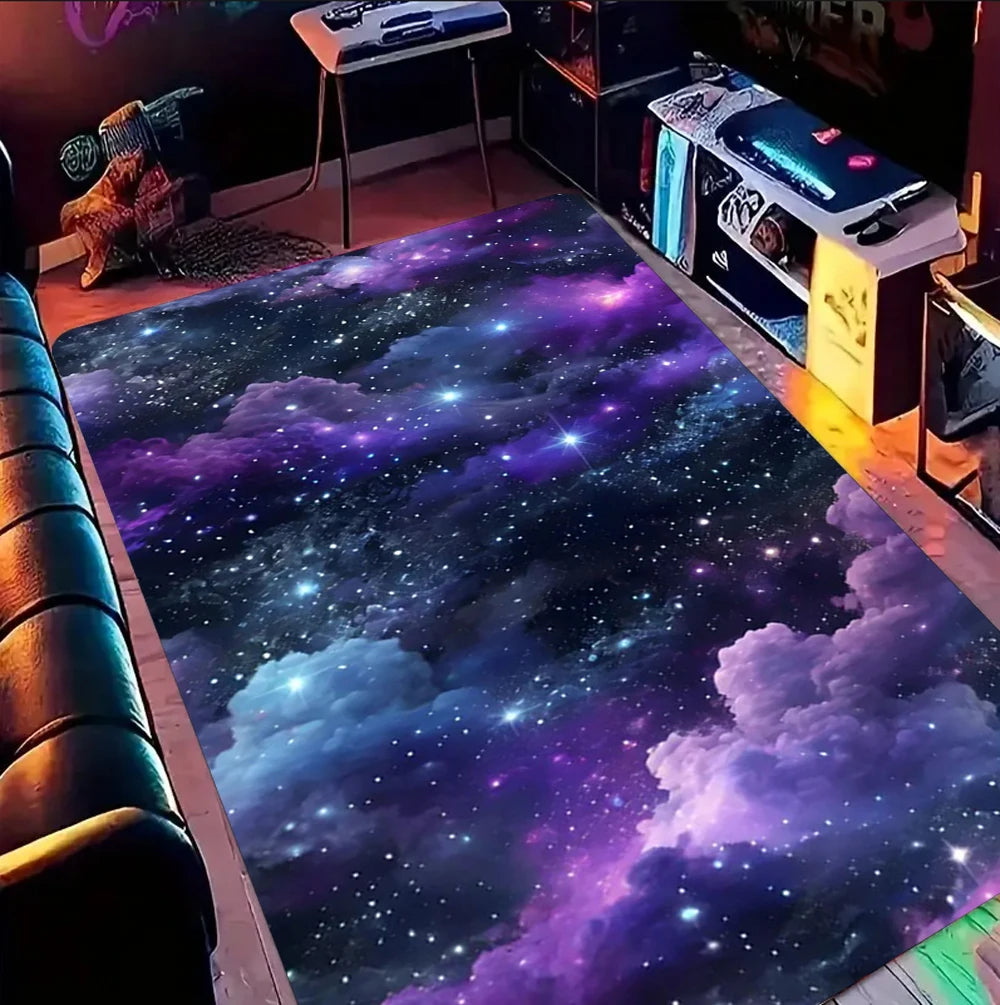 tapis salon chambre moderne motif galaxie étoiles nébuleuse violet bleu rose décoratif grand