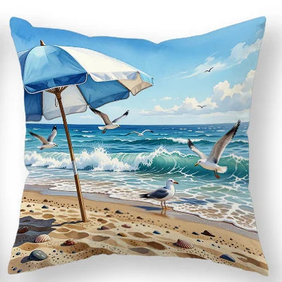 taie d'oreiller motif plage bleu blanc moderne maison 40x40cm 45x45cm 50x50cm 60x60cm polyester peachskin