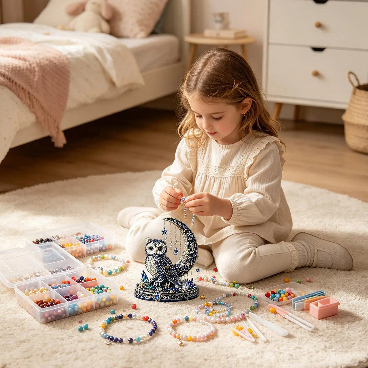 bijoux artisanal assembler cristaux motifs floraux bleu blanc doré maison