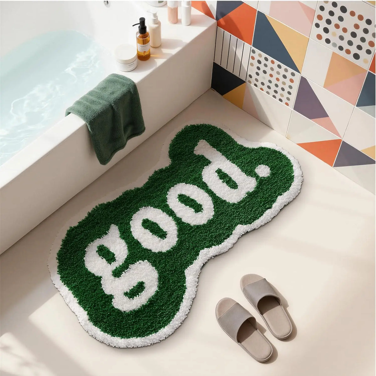 tapis bain vert foncé blanc lettre good relief moderne peluche épaisse antidérapant machine lavable