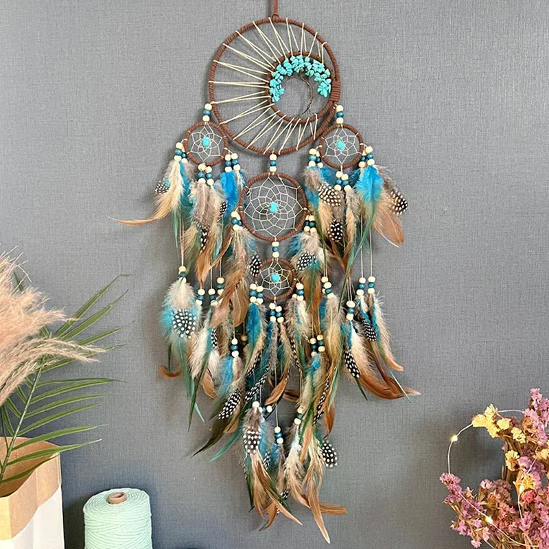 décoration murale attrape rêves ethnique plumes bois marron bleu blanc