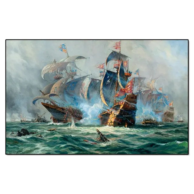 peinture murale marine voiliers océan bleu blanc paysage salon huile toile horizontalDecorationArtiste