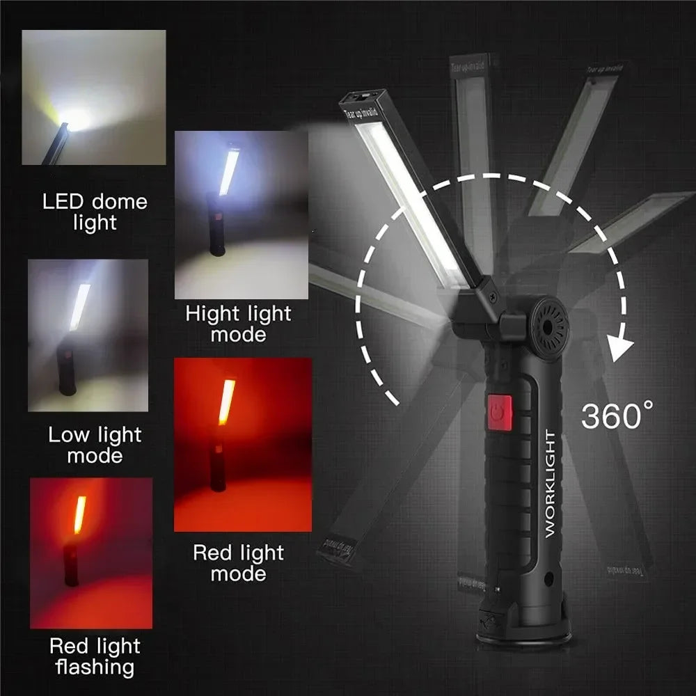 lampe travail rechargeable usb aimant noir lumiere led forte réglages luminosité camping auto défense