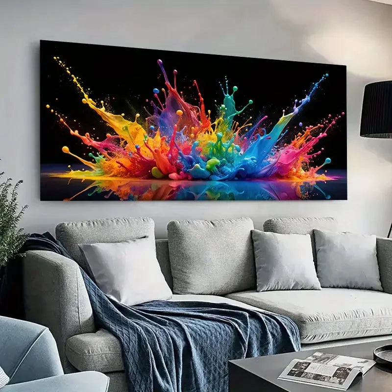 toile sans cadre moderne explosion peinture multicolore jaune rouge brillante grande dimension salon horizontal