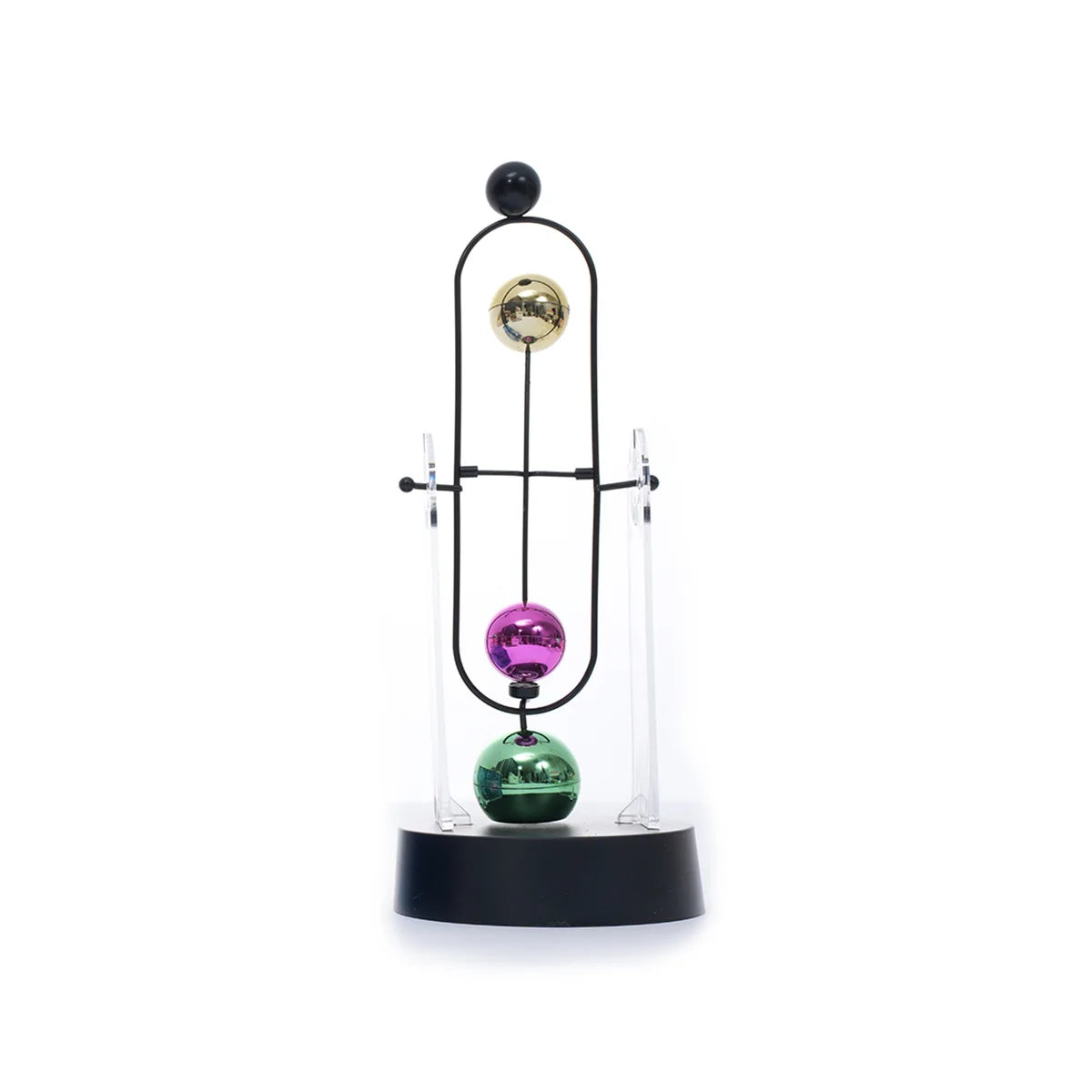 pendule newton sphères colorées structure métallique support transparent base circulaire décoration cinétique moderne