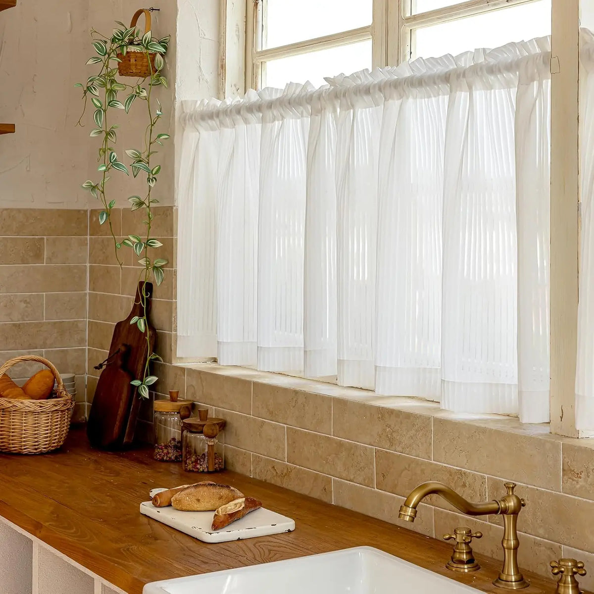 rideau blanc rayures transparent moderne intérieur filtration lumière poignéeextérieur polyester
