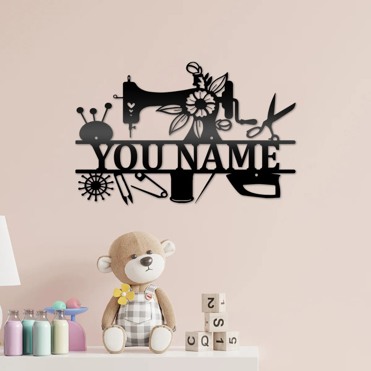 décoration murale moderne machine coudre art personnalisable noir aiguilles fleurs minimaliste