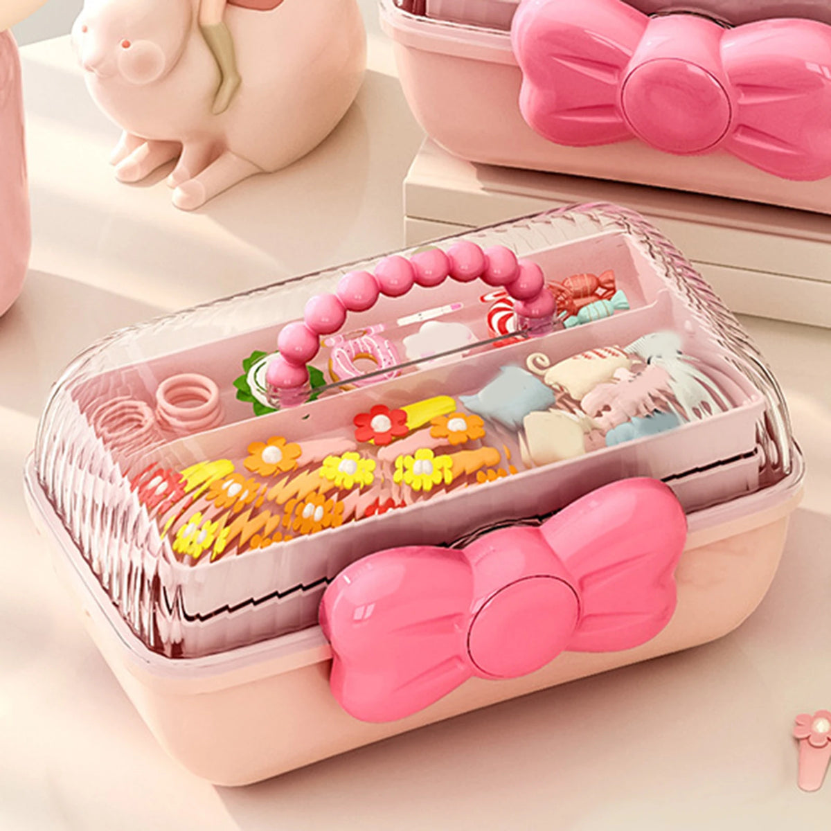 boîte rangement bijoux moderne portable poignée noeud papillon clips cheveux bagues bracelets enfants chambre