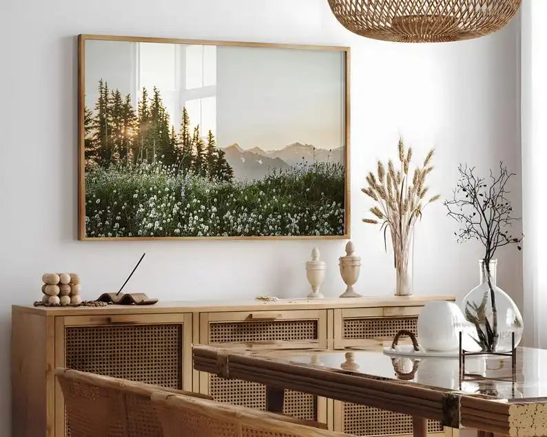 cadre photo moderne paysage nature fleurs arbres montagnes verte beige sans cadreintérieur decorationimpression toile