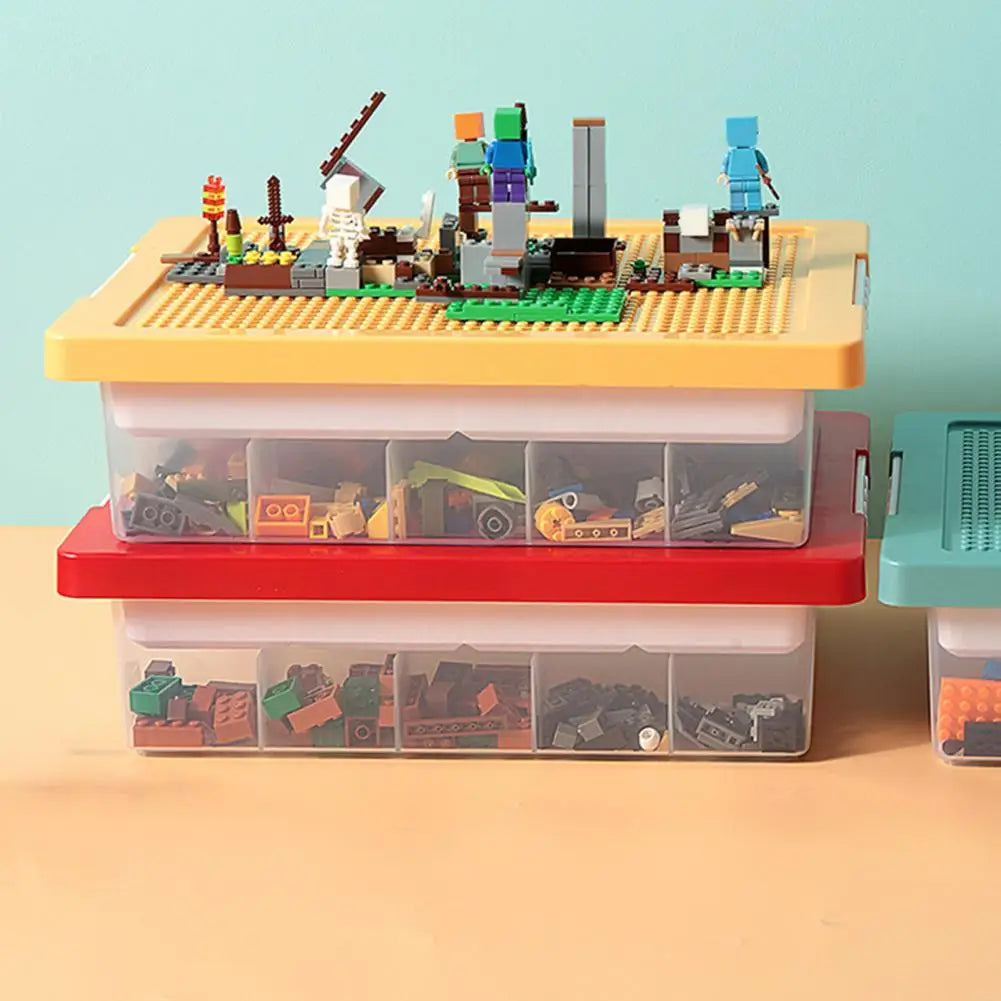 Détail du couvercle transformable en base de construction pour blocs Lego