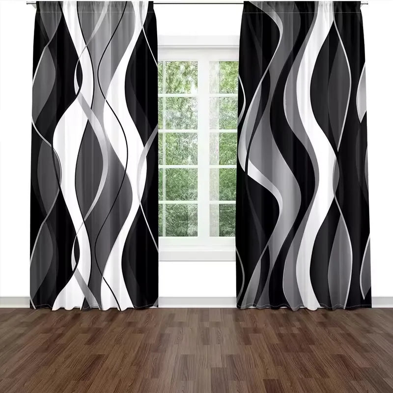 rideau moderne panneaux polyester noir blanc gris rayures ondulées salon chambre coucher