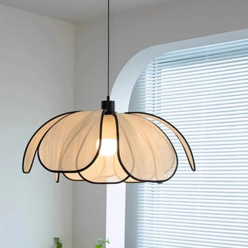 Suspension fleur rétro bronze abat-jour tissu