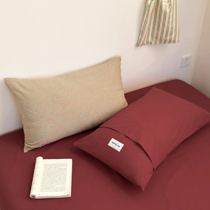 taies d'oreiller coton rayées jaune marron bleu violet 48x74cm respectueuses environnement minimaliste