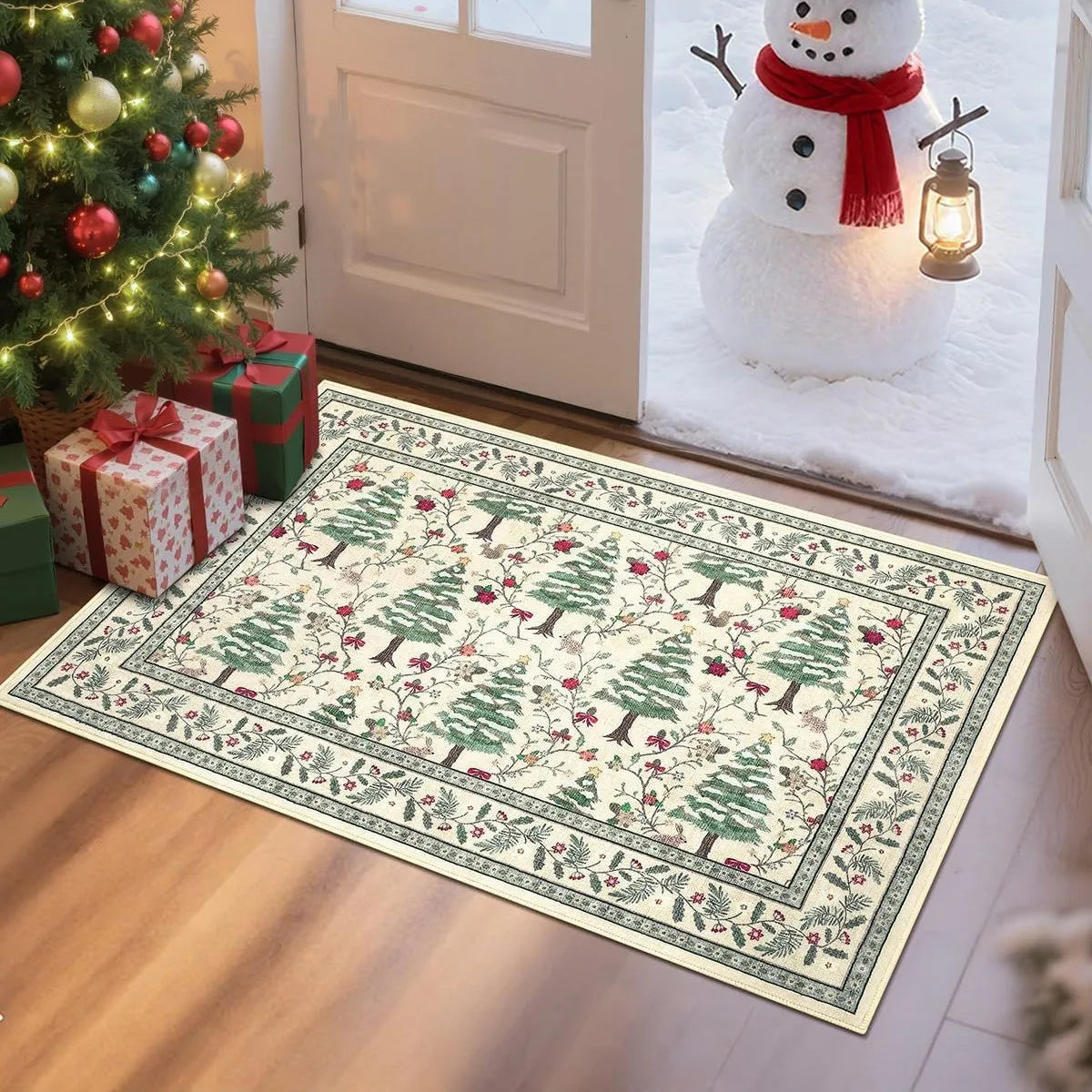 tapis rouge sapins imperméable antidérapant moderne entrée salle bain couloir 40x60cm