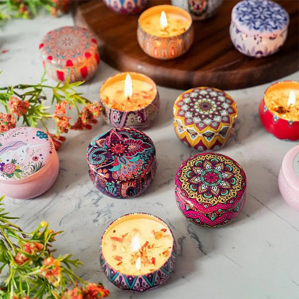 bougies parfumées fleurs séchées rouge bleu rose multicolore motifs floraux mandala ethnique boho chic