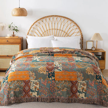 couverture boho chic motif floral bleu orange marron franges coton géométrique 200x230cm