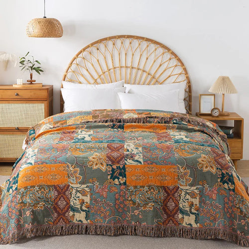 couverture boho chic motif floral bleu orange marron franges coton géométrique 200x230cm