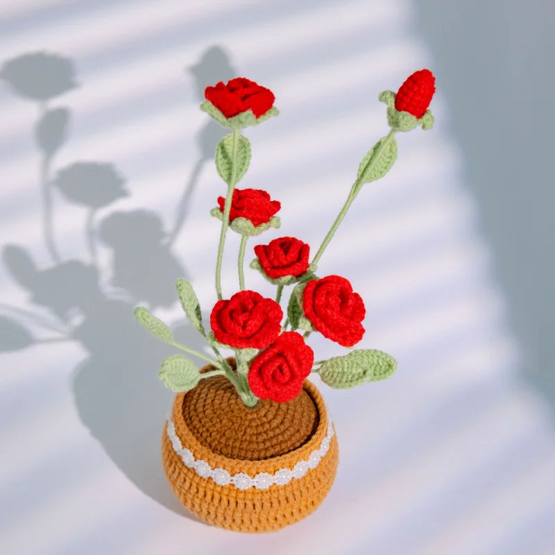décoration maison bouquet fleurs crochetées pots couleur rose fleur miniature décorative champêtre artisanal