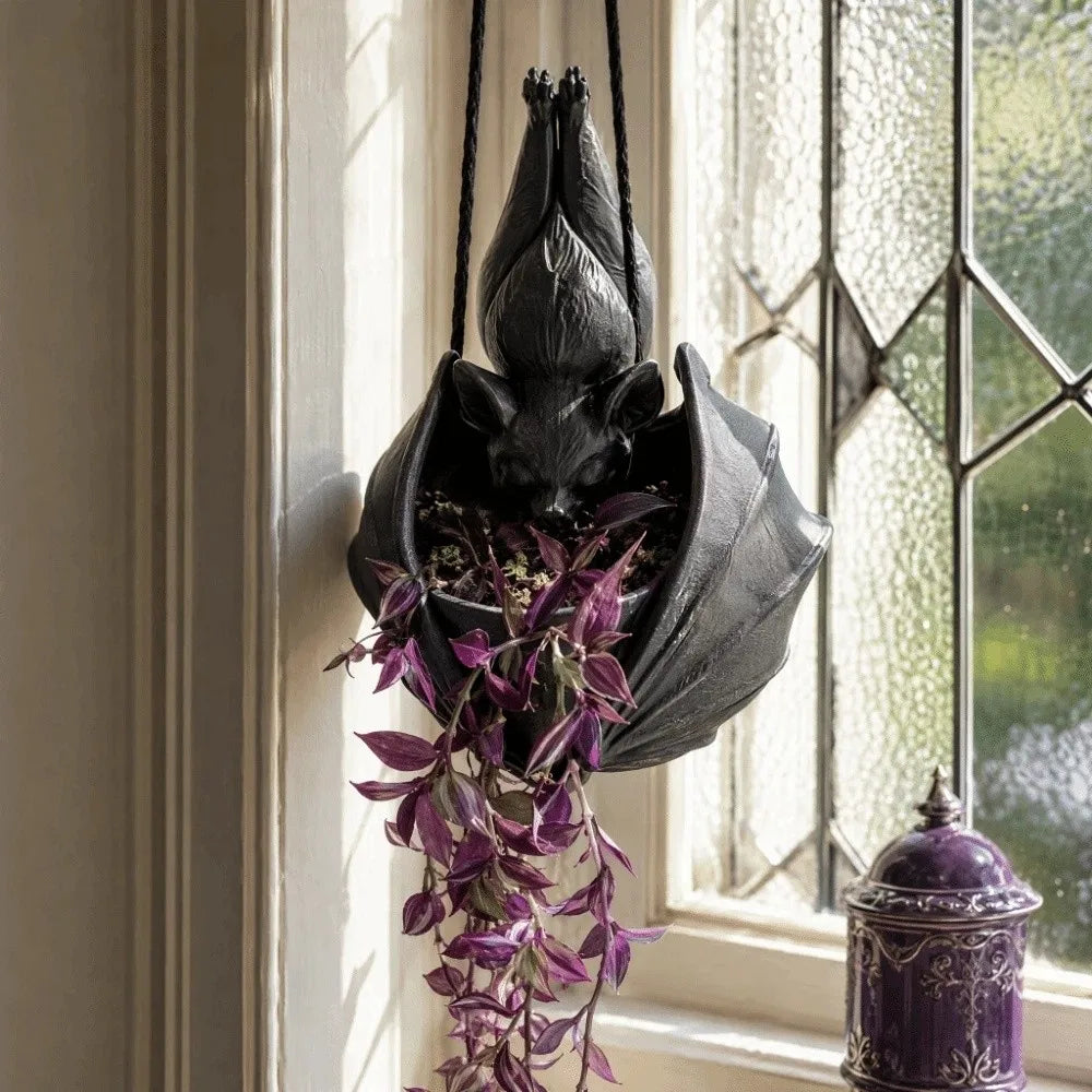 cache pot suspendu chauve souris noir gothique original halloween sculpté opacité cordelette