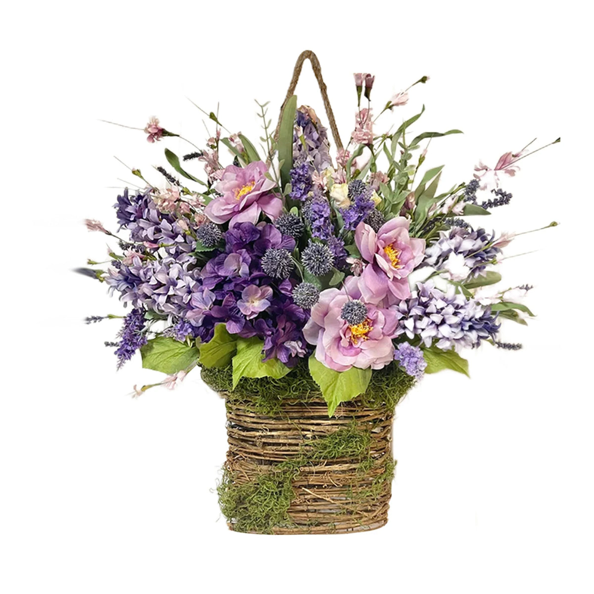 panier suspendu fleurs artificielles tressage fleur lavande rose vintage décoration entrée rustique contemporain chambre