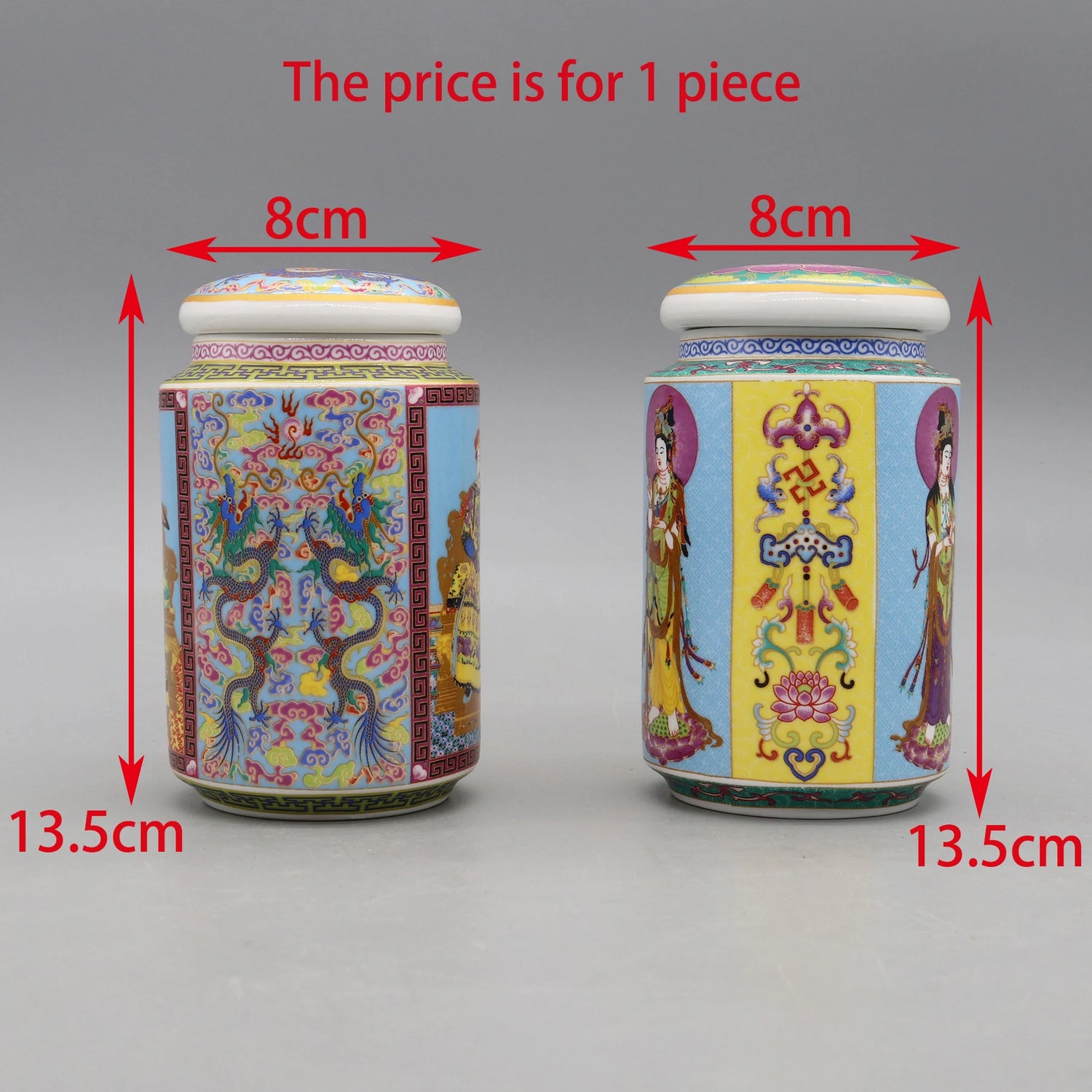 Deux pots de céramique colorés avec des motifs asiatiques, mesurant 13,5 cm de hauteur et 8 cm de diamètre.