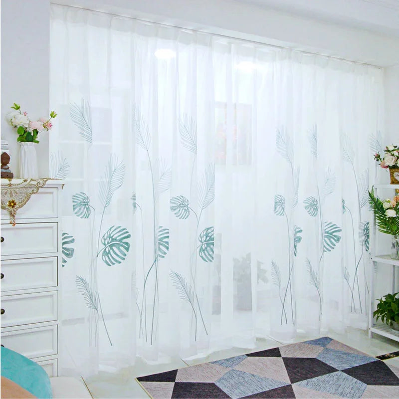 rideau tulle feuilles tropicales blanc vert clair moderne translucide 100cm largeur