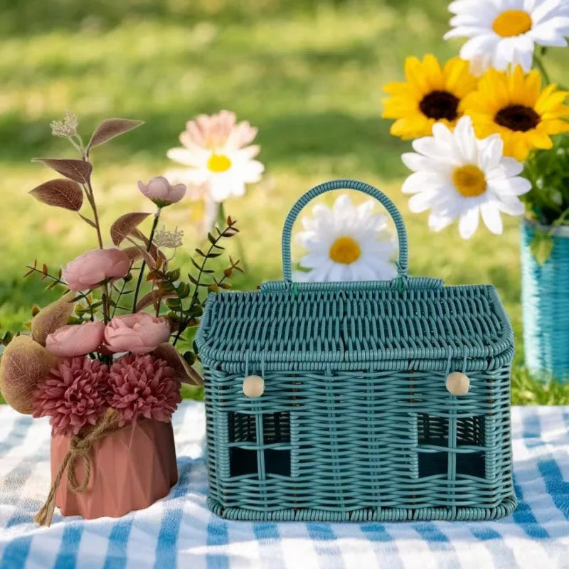 panier rangement osier motif maison fenêtres porte vintage bleu vert rose marron beige poignée