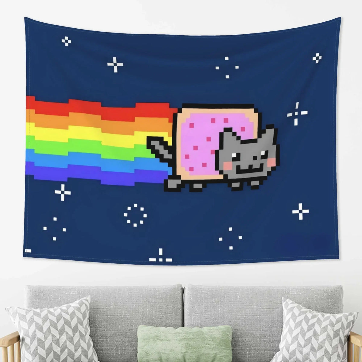 tapisserie pop art chat nyan arc ciel bleu rose géométrique grande dimension chambre decoration