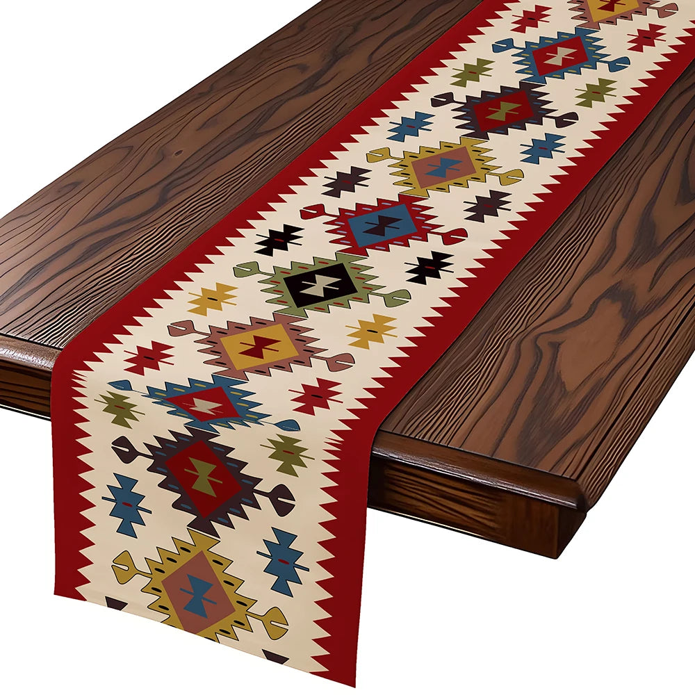 table table ethnique géométrique polyester rouge beige bleu vert triangles losanges festive traditionnelle