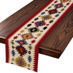 table table ethnique géométrique polyester rouge beige bleu vert triangles losanges festive traditionnelle