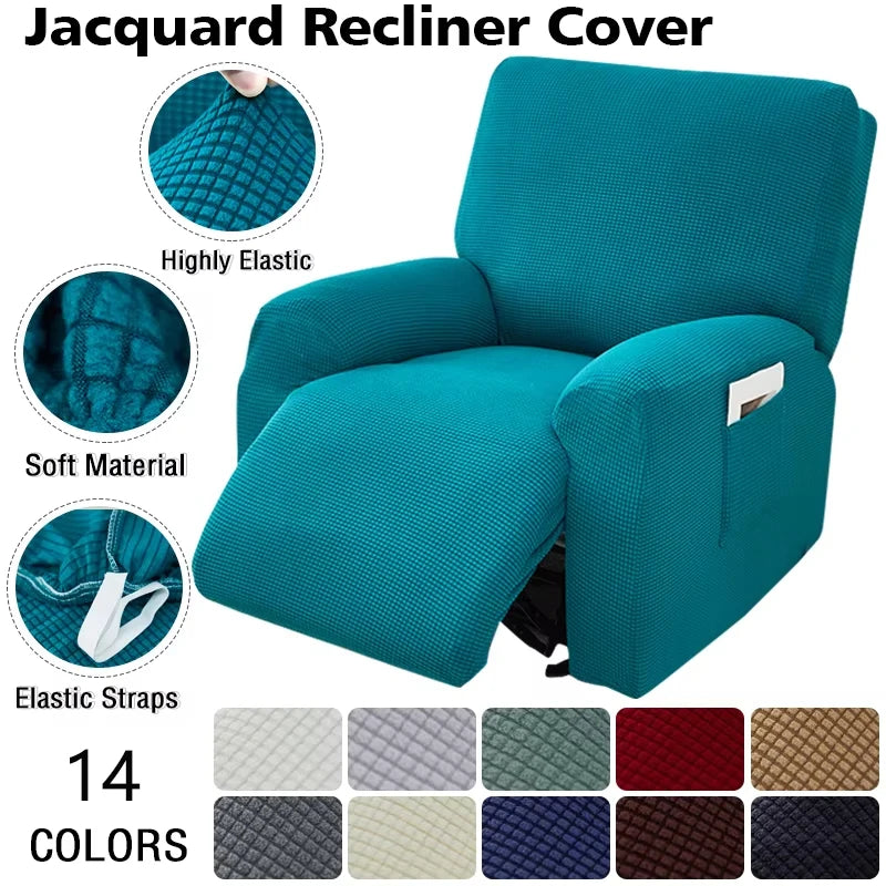 Housse fauteuil inclinable jacquard gris bleu moderne confortable élastiques poche