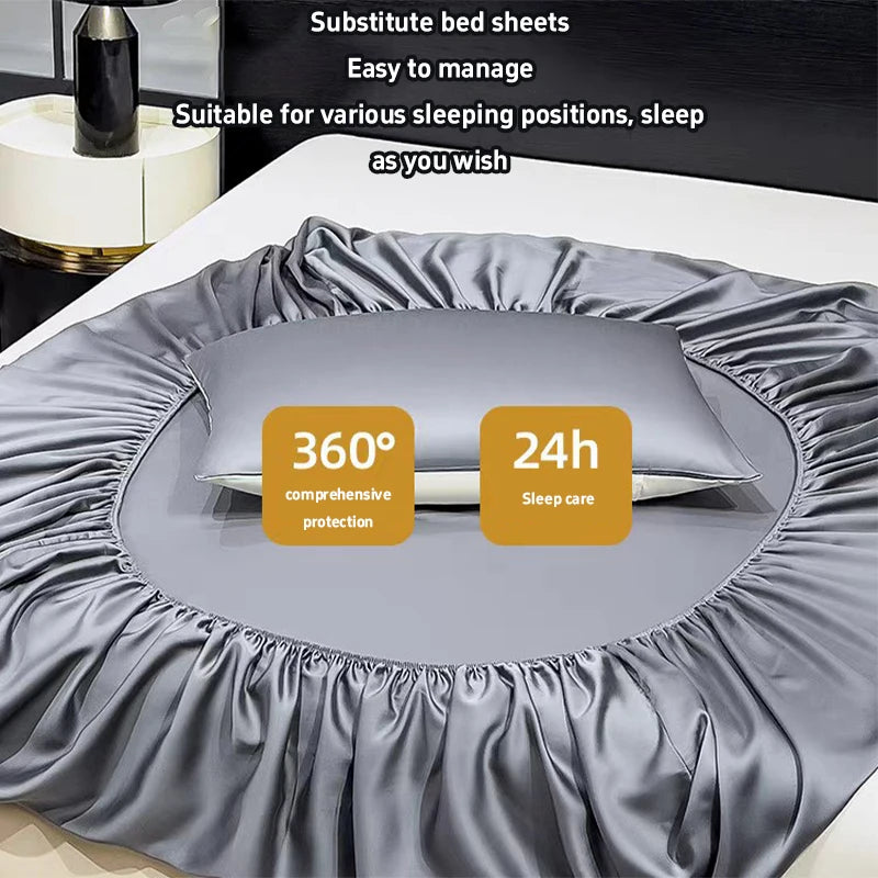 drap housse matelas soie glacée respirant frais été doux coton uni bleu gris moderne