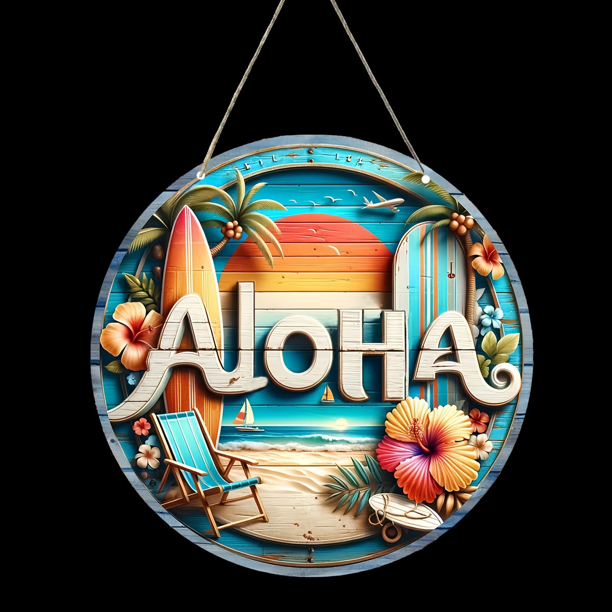 décoration murale hawaïenne plage palmiers surfboards lettres aloha bois bleu blanc orange verte rouge