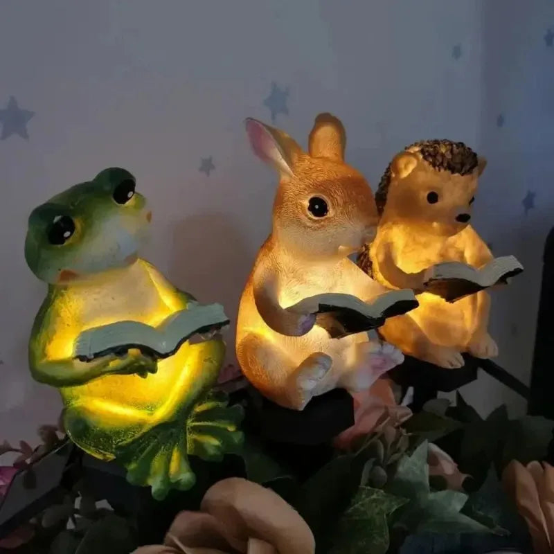lampe solaire décorative animaux résine lapin hérisson livre tringle métallique extérieur ambre verte marron
