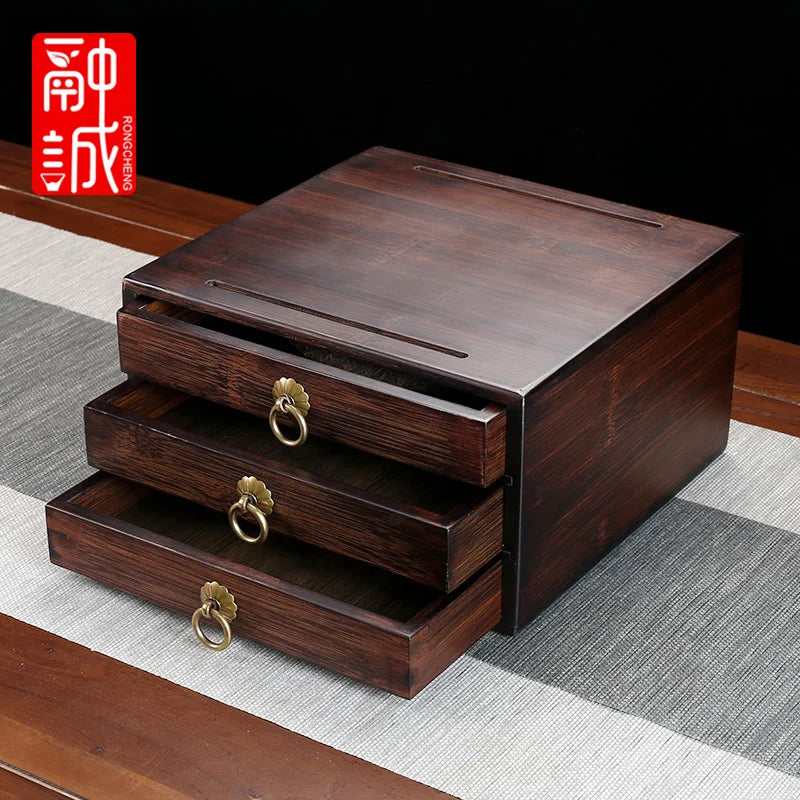 boîte thé marron foncé texture bois naturelle classique rouleau thé couteau thé