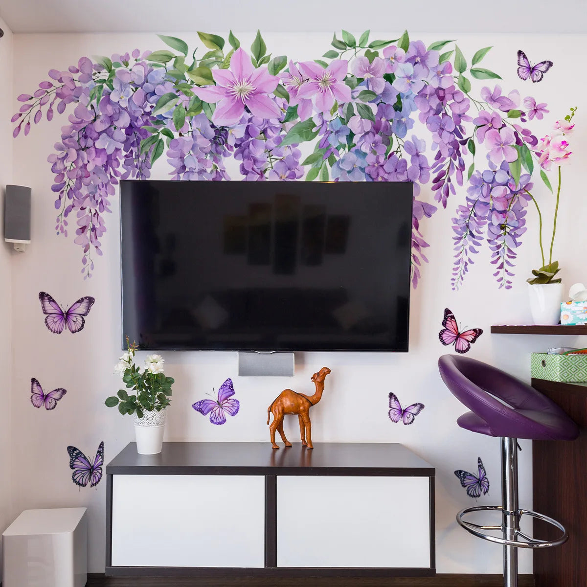 sticker mural fleurs glycine papillons violettes deco chambre fille salon adhésif art floral